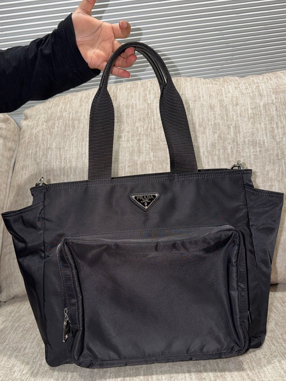Prada Black Nylon Tote with Front Zip Pocket